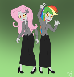 Size: 4488x4676 | Tagged: safe, artist:bageloftime, fluttershy, rainbow dash, human, undead, zombie, equestria girls, g4, clothes, duo, female, gradient background, halloween, halloween 2023, holiday, long skirt, skirt