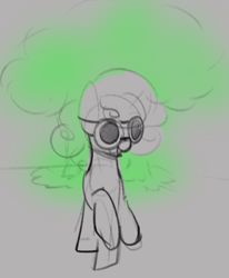 Size: 496x601 | Tagged: safe, artist:cornelia_nelson, oc, oc:quickdraw, colored sketch, curly hair, explosion, goggles, mushroom cloud, simple background, sketch, smiling, solo, walking