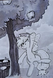 Size: 1390x2048 | Tagged: safe, artist:krista-21, applejack, earth pony, pony, g4, apple, apple tree, applejack's hat, belly button, bipedal, cowboy hat, female, frog (hoof), grayscale, hairband, hat, inktober, mare, marker drawing, monochrome, one eye closed, silly, silly pony, solo, standing, standing on one leg, tail, tail band, tongue out, traditional art, tree, underhoof, who's a silly pony