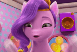 Size: 1276x862 | Tagged: safe, screencap, pipp petals, pegasus, pony, g5, mane smelody, my little pony: make your mark, my little pony: make your mark chapter 5, spoiler:g5, spoiler:my little pony: make your mark, spoiler:my little pony: make your mark chapter 5, spoiler:mymc05e05, animated, balloon, female, flapping, flapping wings, flower, flying, gif, loop, mare, smiling, solo, speaker, wings