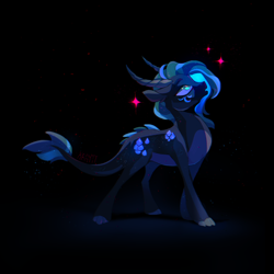 Size: 3000x3000 | Tagged: safe, artist:kraytt-05, oc, oc only, oc:gloomy platinum, dracony, dragon, hybrid, black background, female, high res, horns, looking up, mare, open mouth, simple background, solo, sparkles