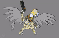Size: 3133x2035 | Tagged: safe, artist:somber, oc, oc only, griffon, fallout equestria, female, gray background, high res, raider, simple background, solo