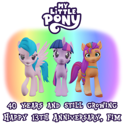 Size: 2010x2010 | Tagged: safe, firefly, sunny starscout, twilight sparkle, alicorn, earth pony, pony, unicorn, mlp fim's thirteenth anniversary, g1, g4, g5, 3d, 40th anniversary, anniversary, female, g1 to g4, generation leap, high res, looking at you, mane stripe sunny, rainbow, simple background, transparent background, trio, trio female, twilight sparkle (alicorn)