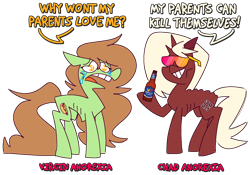 Size: 1434x1006 | Tagged: safe, artist:threetwotwo32232, oc, oc only, oc:hot dog, oc:humor, earth pony, pony, unicorn, alcohol, anorexia, anorexic, beer, chad, crying, duo, female, glasses, mare, meme, simple background, transparent background, virgin, virgin walk, wat