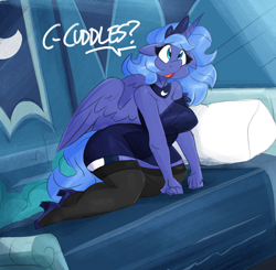 Size: 2200x2154 | Tagged: safe, artist:flutterthrash, princess luna, alicorn, anthro, plantigrade anthro, g4, all fours, bed, breasts, bronybait, busty princess luna, clothes, commission, crown, cuddle request, cute, dialogue, dress, female, floppy ears, high heels, high res, horn, jewelry, looking up, lunabetes, mare, on bed, open mouth, pillow, regalia, s1 luna, shoes, socks, solo, spread wings, stockings, tail, thigh highs, tiara, wings