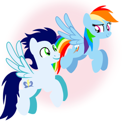 Size: 1400x1400 | Tagged: safe, artist:mlplary6, rainbow dash, soarin', pegasus, pony, g4, boyfriend and girlfriend, female, flying, looking at each other, looking at someone, male, mare, ship:soarindash, shipping, smiling, smiling at each other, stallion, straight