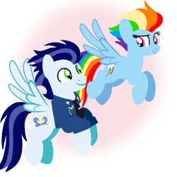 Size: 1400x1400 | Tagged: safe, artist:mlplary6, rainbow dash, soarin', pegasus, pony, g4, the last problem, bomber jacket, clothes, duo, female, flying, husband and wife, jacket, looking at each other, looking at someone, male, mare, older, older rainbow dash, older soarin', older soarindash, ship:soarindash, shipping, smiling, smiling at each other, stallion, straight