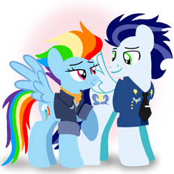 Size: 1400x1400 | Tagged: safe, artist:mlplary6, rainbow dash, soarin', pegasus, pony, g4, the last problem, bomber jacket, clothes, duo, female, husband and wife, jacket, looking at each other, looking at someone, male, mare, older, older rainbow dash, older soarin', older soarindash, ship:soarindash, shipping, smiling, smiling at each other, stallion, straight