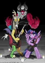 Size: 857x1200 | Tagged: safe, artist:flutterthrash, discord, lord tirek, twilight sparkle, alicorn, centaur, draconequus, pony, taur, g4, twilight's kingdom, 2014, bipedal, candle, deviantart, electric guitar, female, guitar, horn, horns, looking at you, male, mare, musical instrument, nose piercing, pentagram, piercing, rock (music), septum piercing, spread wings, tail, tenacious d, tenacious d and the pick of destiny, trio, twilight sparkle (alicorn), wings