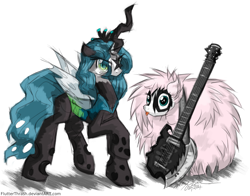 Size: 1825x1429 | Tagged: safe, artist:flutterthrash, queen chrysalis, oc, oc:fluffle puff, changeling, changeling queen, pony, g4, duo, duo female, electric guitar, face paint, female, gene simmons, glam metal, glam rock, guitar, hard rock, heavy metal, horn, kiss (band), looking at you, musical instrument, paul stanley, rock (music), simple background, tongue out, white background