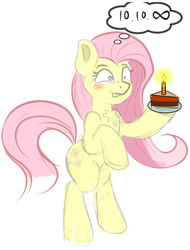 Size: 700x921 | Tagged: safe, artist:cutiecarbon, fluttershy, pegasus, pony, g4, 10-10-10, bipedal, birthday cake, blushing, cake, chest fluff, female, food, happy birthday, mare, simple background, sketch, solo, white background, wip