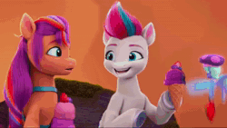 Size: 1920x1080 | Tagged: safe, screencap, sunny starscout, zipp storm, breezie, earth pony, pegasus, pony, g5, mane smelody, my little pony: make your mark, my little pony: make your mark chapter 5, spoiler:g5, spoiler:my little pony: make your mark, spoiler:my little pony: make your mark chapter 5, spoiler:mymc05e05, animated, app, breezish, cellphone, female, flying, food, heart, ice cream, jewelry, mare, necklace, phone, ruby, sound, translation, unnamed breezie, unnamed character, webm
