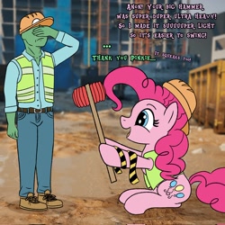Size: 2048x2045 | Tagged: safe, artist:legendoflink, pinkie pie, oc, oc:anon, earth pony, human, pony, g4, clothes, construction, dialogue, duo, duo male and female, facepalm, female, hammer, hard hat, hat, high res, hoof hold, male, mare, pinktober, safety vest, toy