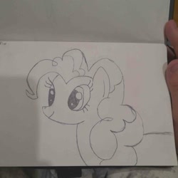 Size: 1496x1496 | Tagged: safe, artist:kenzie, pinkie pie, earth pony, pony, g4, black and white, grayscale, monochrome, pencil drawing, simple background, traditional art, white background