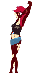 Size: 1000x1500 | Tagged: safe, artist:bazza, oc, oc only, oc:cosmo, earth pony, anthro, g4, clothes, crop top bra, denim, denim shorts, female, pepsi, png, red eyes, shorts, simple background, soda, solo, stretching, trace, transparent background, yawn