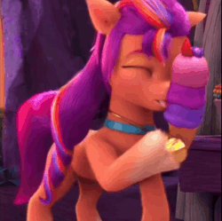 Size: 724x720 | Tagged: safe, edit, edited screencap, screencap, sunny starscout, earth pony, pony, g5, mane smelody, my little pony: make your mark, my little pony: make your mark chapter 5, spoiler:g5, spoiler:my little pony: make your mark, spoiler:my little pony: make your mark chapter 5, spoiler:mymc05e05, animated, cropped, cute, eating, eyes closed, female, food, gif, herbivore, ice cream, ice cream cone, licking, loop, mare, reversed, solo, strawberry, sunnybetes, tongue out, waffle cone