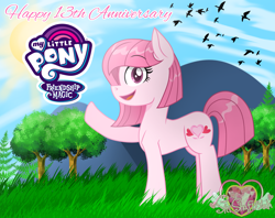 Size: 2743x2177 | Tagged: safe, artist:muhammad yunus, oc, oc only, oc:annisa trihapsari, bird, earth pony, pony, anniversary, earth pony oc, female, happy, high res, ibispaint x, logo, looking at you, mare, open mouth, smiling, smiling at you, solo, spring, tree, watermark