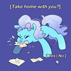 Size: 1275x1275 | Tagged: safe, artist:talimingi, screw loose, earth pony, pony, g4, behaving like a dog, blue background, chewing, cursor, eating, eyes closed, female, mare, missing cutie mark, paper, simple background, solo, text