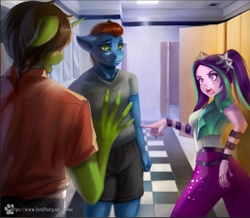 Size: 1559x1357 | Tagged: safe, artist:caddea, aria blaze, oc, oc:smoothie, oc:tokamak, human, anthro, comic:we will be adored, g4, angry, pointing