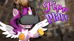 Size: 1920x1080 | Tagged: safe, artist:pika-robo, pipp petals, headcrab, pegasus, pony, series:pipp plays, g4, g5, 3d, fake thumbnail, female, g5 to g4, gamer pipp, generation leap, gritted teeth, half-life, half-life: alyx, let's play, mare, oculus rift, source filmmaker, spread wings, teeth, vr headset, wings, youtube thumbnail
