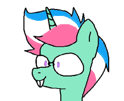 Size: 360x292 | Tagged: safe, artist:endorsed_dr, oc, oc only, oc:endorsed, pony, unicorn, blue hair, bust, glasses, horn, nerd, pink hair, portrait, purple eyes, simple background, solo, striped mane, teeth, white background, white hair