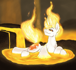 Size: 1812x1685 | Tagged: safe, artist:gosha305, daybreaker, alicorn, pony, g4, antagonist, bathing, cheek fluff, curved horn, ear fluff, fangs, female, fire, full body, horn, hot tub, lava, lava bathing, lidded eyes, looking at you, lying down, mane of fire, mare, smiling, smiling at you, smirk, solo, spread wings, walking campfire, wings, wings down