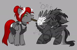 Size: 2084x1347 | Tagged: safe, artist:opalacorn, oc, oc only, oc:void, alicorn, pegasus, pony, zebra, zebra alicorn, apron, clothes, duo, duster, eyes closed, female, gray background, hiding behind wing, laurel wreath, maid, male, mare, mouth hold, nose piercing, nose ring, piercing, simple background, stallion, wings