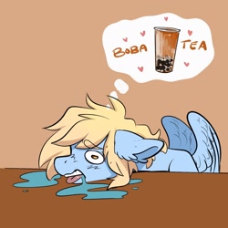 Size: 2048x2048 | Tagged: safe, artist:opalacorn, oc, oc only, oc:blue skies, pegasus, pony, brown background, bubble tea, drink, drool, floppy ears, high res, male, simple background, solo, stallion, thought bubble, tongue out