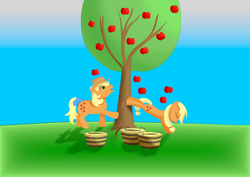 Size: 7016x4961 | Tagged: safe, artist:пшеница, derpibooru exclusive, applejack, applejack (g1), mlp fim's thirteenth anniversary, g1, g4, apple, apple tree, applejack's hat, bucking, cowboy hat, duo, food, hat, tail, tail bow, tree
