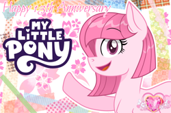 Size: 1446x952 | Tagged: safe, artist:muhammad yunus, oc, oc only, oc:annisa trihapsari, earth pony, pony, earth pony oc, female, happy, happy birthday mlp:fim, ibispaint x, logo, looking at you, mare, open mouth, open smile, smiling, smiling at you, solo, text, watermark