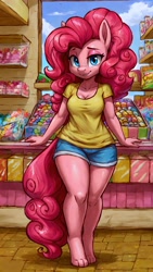 Size: 1800x3200 | Tagged: safe, ai assisted, ai content, artist:darbarri, derpibooru exclusive, pinkie pie, anthro, digitigrade anthro, g4, breasts, candy, clothes, food, full body, lidded eyes, looking at you, seductive look, shorts, smiling, smirk, standing