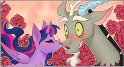 Size: 2903x1565 | Tagged: safe, alternate version, artist:daffolyn, part of a set, discord, twilight sparkle, alicorn, pony, comic:discordant intentions, comic:discordant intentions (version 2), g4, the ending of the end, antlers, blushing, cheek kiss, close-up, female, flowing hair, horn, kissing, male, outdoors, outline, part of a series, ship:discolight, shipping, shocked, shocked expression, shojo, sparkles, straight, twilight sparkle (alicorn), white outline