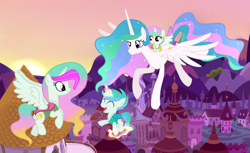 Size: 4648x2840 | Tagged: safe, artist:galaxystar2012, princess celestia, oc, alicorn, changepony, hybrid, pony, g4, base used, canterlot, concave belly, female, group, interspecies offspring, mare, momlestia, offspring, parent:princess celestia, parent:thorax, parents:thoralestia, slender, sunrise, thin