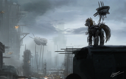 Size: 1000x626 | Tagged: safe, artist:panzery25, oc, oc only, earth pony, pony, robot, city, clothes, male, scenery, science fiction, skyscraper, smoke, solo, stallion