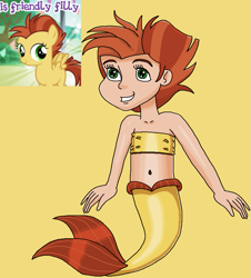 Size: 783x868 | Tagged: safe, artist:ocean lover, hyper sonic, lemon crumble, human, mermaid, pegasus, g4, bandeau, bare midriff, bare shoulders, belly, belly button, brown hair, child, cute, female, fins, fish tail, friendship student, green eyes, happy, human coloration, humanized, light skin, looking up, mermaid tail, mermaidized, midriff, ms paint, reference, reference sheet, short hair, simple background, sleeveless, solo, species swap, swimming, tail, tail fin, two toned hair, yellow background, yellow tail