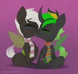 Size: 1159x1100 | Tagged: safe, artist:airfly-pony, oc, oc only, oc:emerald ink, oc:jack sunshine, changeling, 2021, blue blush, blushing, changeling oc, chibi, clothes, digital edit, duo, duo male, eyes closed, french kiss, gay, gay kiss, green blush, green changeling, horn, kiss on the lips, kissing, male, multicolored mane, oc x oc, patreon, patreon reward, scarf, shipping, sitting, traditional art