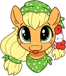 Size: 1886x2170 | Tagged: safe, artist:whiskeypanda, applejack, pony, g4, :p, alternate hairstyle, bandana, bust, cute, flower, flower in hair, jackabetes, looking at you, simple background, smiling, smiling at you, tongue out, transparent background