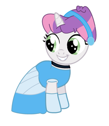 Size: 1389x1597 | Tagged: safe, artist:brightstar40k, sweetie belle, pony, unicorn, g4, alternate hairstyle, cinderella, clothes, dress, evening gloves, female, filly, foal, gloves, gown, grin, long gloves, simple background, smiling, solo, white background