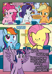 Size: 1920x2715 | Tagged: safe, artist:alexdti, applejack, fluttershy, pinkie pie, rainbow dash, rarity, twilight sparkle, alicorn, earth pony, pegasus, pony, unicorn, comic:how we met (italian), g4, the ending of the end, blushing, donut, faic, floppy ears, food, italian, mane six, spread wings, starry eyes, twilight sparkle (alicorn), wingding eyes, wings, woll smoth