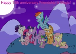 Size: 8500x6050 | Tagged: source needed, safe, artist:sketchyboi25, applejack, fluttershy, pinkie pie, rainbow dash, rarity, spike, twilight sparkle, alicorn, dragon, pegasus, pony, unicorn, mlp fim's thirteenth anniversary, g4, looking up, moon, mountain, night, stars, twilight sparkle (alicorn), winged spike, wings