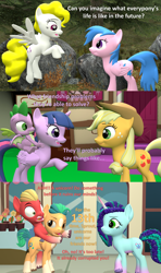 Size: 1920x3240 | Tagged: safe, artist:red4567, applejack, firefly, hitch trailblazer, misty brightdawn, spike, sprout cloverleaf, surprise, twilight sparkle, alicorn, dragon, pegasus, pony, unicorn, mlp fim's thirteenth anniversary, g1, g4, g5, 13, 3d, 40th anniversary, comic, cowboy hat, female, g1 to g4, g5 to g4, generation leap, hat, high res, hitch trailblazer is not amused, male, mare, source filmmaker, stallion, stetson, twilight sparkle (alicorn), unamused, winged spike, wings