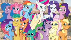 Size: 1280x720 | Tagged: safe, artist:edy_january, artist:prixy05, editor:edy_january, applejack, fluttershy, hitch trailblazer, izzy moonbow, misty brightdawn, pinkie pie, pipp petals, rainbow dash, rarity, sparky sparkeroni, spike, sunny starscout, twilight sparkle, zipp storm, alicorn, dragon, earth pony, pegasus, pony, unicorn, g4, g5, my little pony: tell your tale, g4 to g5, generation leap, group, hitch and his 2nd heroine, hitch and his heroine, izzy and her heroine, mane five, mane seven (g5), mane six, mane six (g5), misty and her 2nd heroine, misty and her heroine, pipp and her heroine, reunion, reunited, sparky and his hero, sunny and her heroine, twilight sparkle (alicorn), vector used, wallpaper, zipp and her heroine