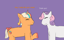 Size: 2956x1880 | Tagged: safe, artist:sleepydark, peach fizz, sweetie belle, pony, unicorn, mlp fim's thirteenth anniversary, g4, g5, ^^, beginner art, compliment, duo, eyes closed, generational ponidox, i really like her mane, peach fizz and her heroine, pippsqueaks, simple background