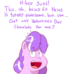 Size: 577x622 | Tagged: safe, artist:secretgoombaman12345, diamond tiara, earth pony, pony, ask chubby diamond, g4, chubby diamond, eye clipping through hair, eyebrows, eyebrows visible through hair, fat, jewelry, looking at you, open mouth, open smile, shrunken pupils, simple background, smiling, solo, sweat, sweatdrops, talking to viewer, text, tiara, white background