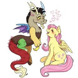 Size: 1080x1080 | Tagged: safe, artist:hecctwo, discord, fluttershy, draconequus, pegasus, pony, g4, antlers, blushing, eyes closed, female, floating heart, heart, horn, looking at someone, male, open mouth, open smile, partially open wings, ship:discoshy, shipping, simple background, smiling, straight, white background, wings