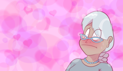 Size: 1280x744 | Tagged: safe, artist:secretgoombaman12345, silver spoon, human, ask chubby diamond, g4, blushing, clothes, female, heart, heart background, humanized, jewelry, lens flare, looking at someone, necklace, older, older silver spoon, pearl necklace, solo, sweater, wide eyes