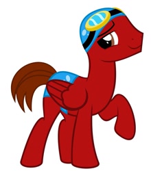 Size: 903x1024 | Tagged: safe, oc, oc only, pegasus, pony, cap, goggles, hat, raised hoof, simple background, smiling, solo, speedo, white background