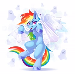 Size: 2472x2443 | Tagged: safe, artist:buvanybu, rainbow dash, ghost, pegasus, pony, undead, g4, bedsheet ghost, belly, belly button, bipedal, concave belly, female, halloween, high res, holiday, hooves, mare, solo