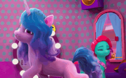 Size: 1744x1074 | Tagged: safe, screencap, izzy moonbow, jazz hooves, earth pony, pony, unicorn, g5, mane smelody, my little pony: make your mark, my little pony: make your mark chapter 5, spoiler:g5, spoiler:my little pony: make your mark, spoiler:my little pony: make your mark chapter 5, spoiler:mymc05e05, animated, curtains, faic, female, gif, izzy is best facemaker, lightbulb, mane melody (location), mare, mirror, shrunken pupils, smelly, stink lines, visible stench, window