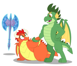 Size: 1600x1383 | Tagged: safe, artist:aleximusprime, oc, oc only, oc:beo tuag, oc:billow the dragon, oc:scorch the dragon, dragon, fanfic:my big fat pink wedding, flurry heart's story, axe, belly, big belly, blushing, dragon oc, dragoness, duo, duo male and female, fangs, fat, female, holding hands, looking at each other, looking at someone, love at first sight, male, non-pony oc, oc x oc, open mouth, shipping, shrunken pupils, simple background, standing, straight, transparent background, weapon